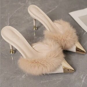 Beige Fur-Trimmed Heels with Gold Accents
